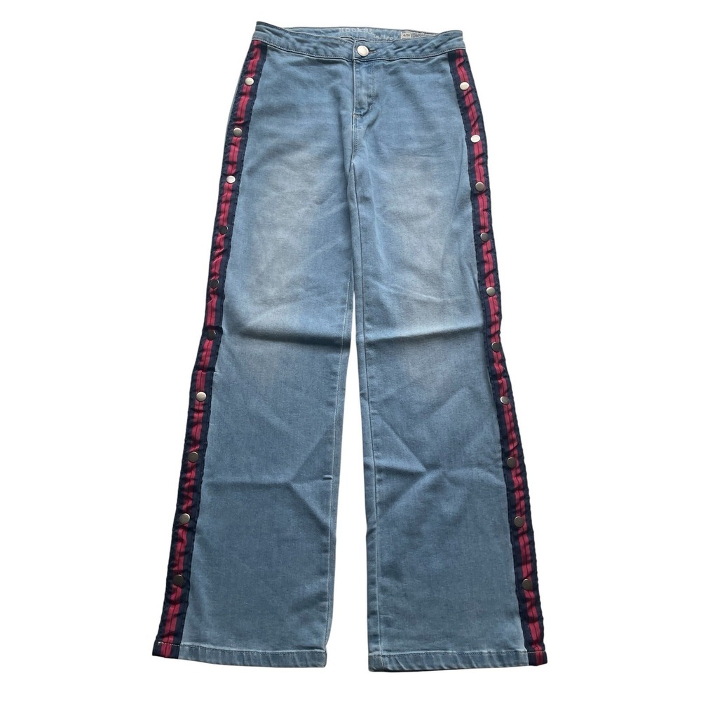 Rocks & Indigo Snap Side Wide Leg Jeans Women 8/28 Blue Stripe Retro Y2K Denim